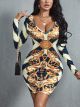 SXY Argyle & Baroque Print Bodycon Dress