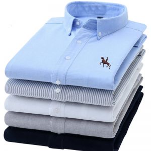 Cotton Oxford Shirt For Mens Long Sleeve Plaid Striped Casual Shirts Male Pocket Regular-Fit Button-Down Work Man Shirt