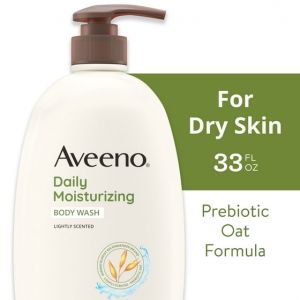 Aveeno Daily Moisturizing Body Wash, Soap Free Body Scrub for Dry Skin, Prebiotic Oat Shower Gel, Lightly Scented, 33 oz