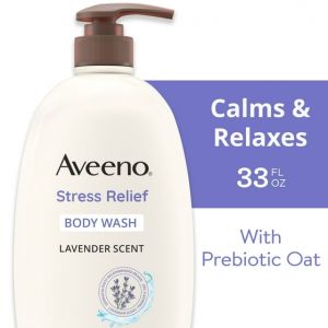 Aveeno Stress Relief Soap Free Body Wash with Prebiotic Oat, Lavender Scented Shower Gel, 33 oz