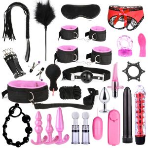 Bdsm SexLove Set BDSM Kits Adults Sex Toys for Women Men Handcuffs Nipple Clamps Whip Spanking Sex Metal Anal Plug Vibrator Butt