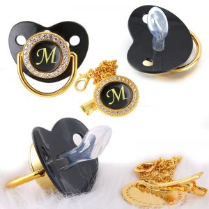 Black Bling Baby Pacifier And Clip Alphabet Letter M Infant Pacifier Gold Letter Unique Name Initials Baby Shower Gift