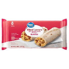 Great Value Meat Lovers Breakfast Burrito, Plastic Film Wrap, 32 oz, 8 Count (Frozen)