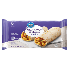 Great Value Sausage Egg and Cheese Breakfast Burrito, 32 oz, 8 Count (Frozen), Plastic Film