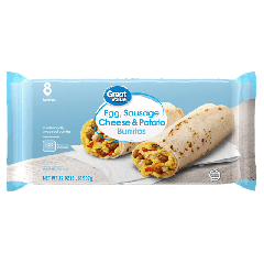 Great Value Sausage Egg and Cheese with Potatoes Breakfast Burritos, 32 oz, 8 Count, Plastic Film