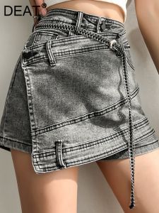 DEAT Fashion Women's Denim Skirt New High Waist Irregular Chain Spliced Gray Above Knee Skirts Female Tide Summer 2023