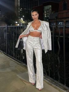 Tossy Glitter Silver Party Two Piece Pants Set Women Club Night Outfits Fashion Sparkly Blazer Matching Sets Femme Tracksuit