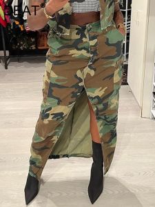 DEAT Fashion Women's Skirt Irregular Pockets Zipper Split Camouflage Print Slim Waist Split Dresses Spring 2023 New