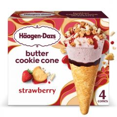 Haagen Dazs Strawberry Butter Cookie Ice Cream Cone Dessert, Kosher, 4 Count, 14.8 oz