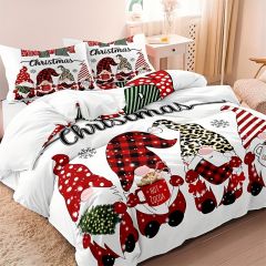 3pcs Christmas Duvet Cover Set, Gnome Print Bedding Set, Soft Comfortable Duvet Cover, For Bedroom, Guest Room (1*Duvet Cover + 2*Pillowcase, Without Core)