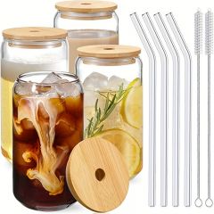 2pcs, Water Cup, Drinking Glasses With Bamboo Lids And Glass Straw, 16oz Can Shaped Glass Cups, Beer Glasses, Iced Coffee Glasses, Cute Tumbler Cup, Ideal For Cocktail, Whiskey, Summer Winter Drinkware, Home Kitchen Items