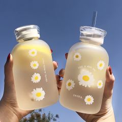 1pc 480ml/16.23oz Matte Glass Water Bottle with Straw and Scale - Cute Little Daisy Sunflower Design - Portable and Convenient - Perfect for Back to School Supplies