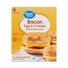 Great Value Biscuit Sandwiches Bacon Egg and Cheese, 3.76 oz Size, 4 Count (Frozen)