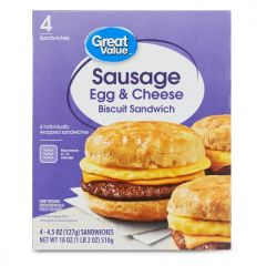 Great Value Biscuit Sandwiches Sausage Egg and Cheese, 4.5 oz Size, 4 Count (Frozen)