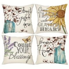 4PCS Mason Jar With Cotton Floral Throw Pillow Covers, 18*18Inch Vintage Farmhouse Family Decorative Cushion Cases, Sunflower And Lavender Pillowcases For Porch Patio Couch Sofa Living Room Outdoor, Without Pillow Inserts