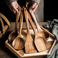 4pcs/7pcs Thailand Teak Natural Wood Tableware Spoon Ladle Turner Long Rice Colander Soup Skimmer Cooking Spoons Scoop Kitchen Tool Set
