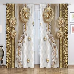2pcs Elegant Golden Flower Pattern Curtain for Home Decor - Rod Pocket Window Treatment for Bedroom, Office, Kitchen, Living Room, and Study