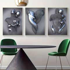 3pcs Frameless Metal Figure Statue Art Canvas Painting, Romantic Abstract Posters And Prints Wall Pictures, Modern Living Room Christmas Gifts, No Frame