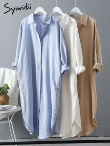 Syiwidii Long White Shirt Dress for Women Linen Cotton 2023 Spring Summer Casual Korean Clothing Vintage Oversized Midi Robe