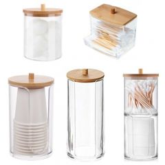 Acrylic Storage Box Bathroom Jar Makeup Organizer Cotton Round Pad Holder Cotton Swab Box Qtip Holder Dispenser with Bamboo Lid