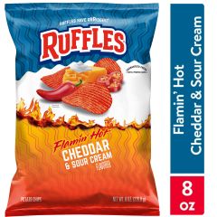 Ruffles Flamin' Hot Cheddar and Sour Cream Flavored Potato Snack Chips, 8 Ounce Bag (Packaging may vary)